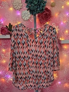 by & by Coral, Black and Cream Geometric V-Neck Blouse with Crisscross Back